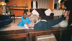 A prostrate Phil Stringer attended by Annie Walker and Jenny Genge. Rear: Jennifer Keen. Far right: Rod Ellis.